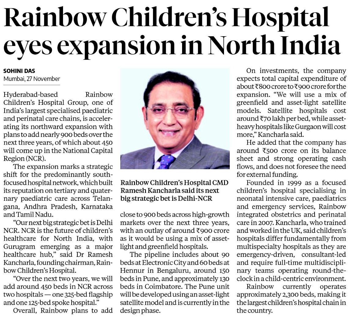 Rainbow Children's Hospital to add 900 beds, with half coming up in NCR